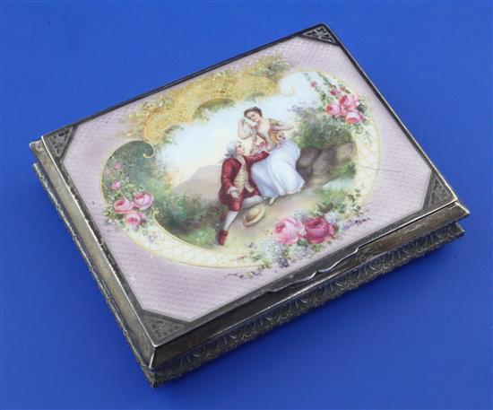 A late 19th/early 20th century German 935 standard silver and enamel rectangular box, gross 5 oz.